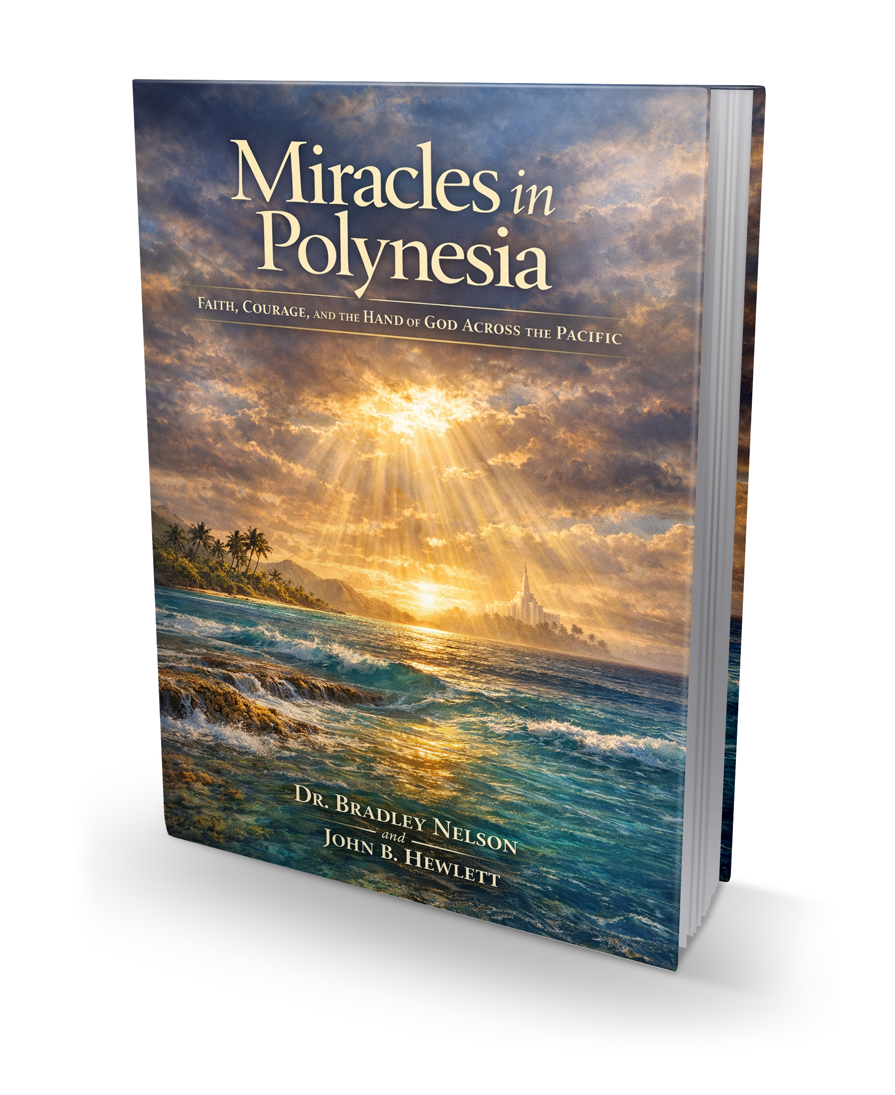 Miracles in Polynesia book cover — a golden Pacific sunrise with ocean waves, palm trees, and a temple in the distance